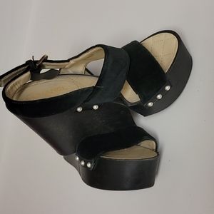 CHANEL Velvet Wood Black CC Hinge Wedges
